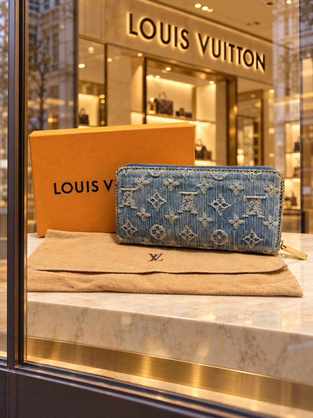 AUTH Louis Vuitton Monogram Denim Zippy Wallet Blue M95341 Vintage Box Dust Bag